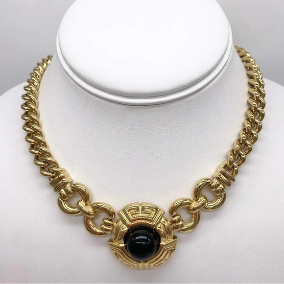 Givenchy Vintage Black Logo Fixed Pendant Gold Collar Necklace - Picture 1 of 5